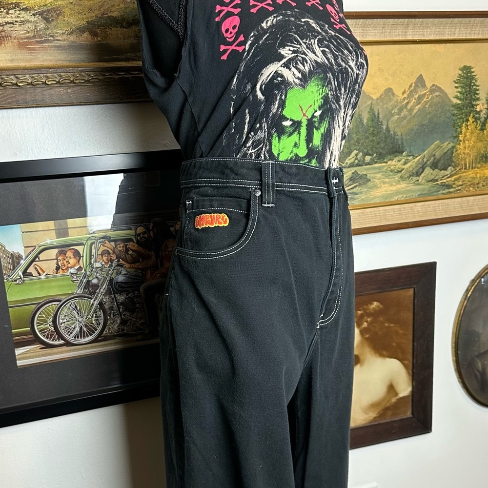 Y2K Baggy White Stitched EMPYRE Black Jeans Waist :8 - Picture 8 of 10